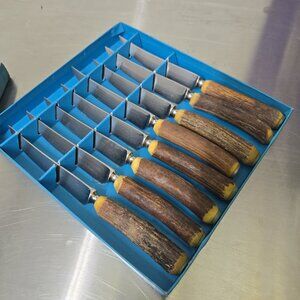 Vintage BIRKS Stag antler Set of 8 Stainless Steak Knives with original box